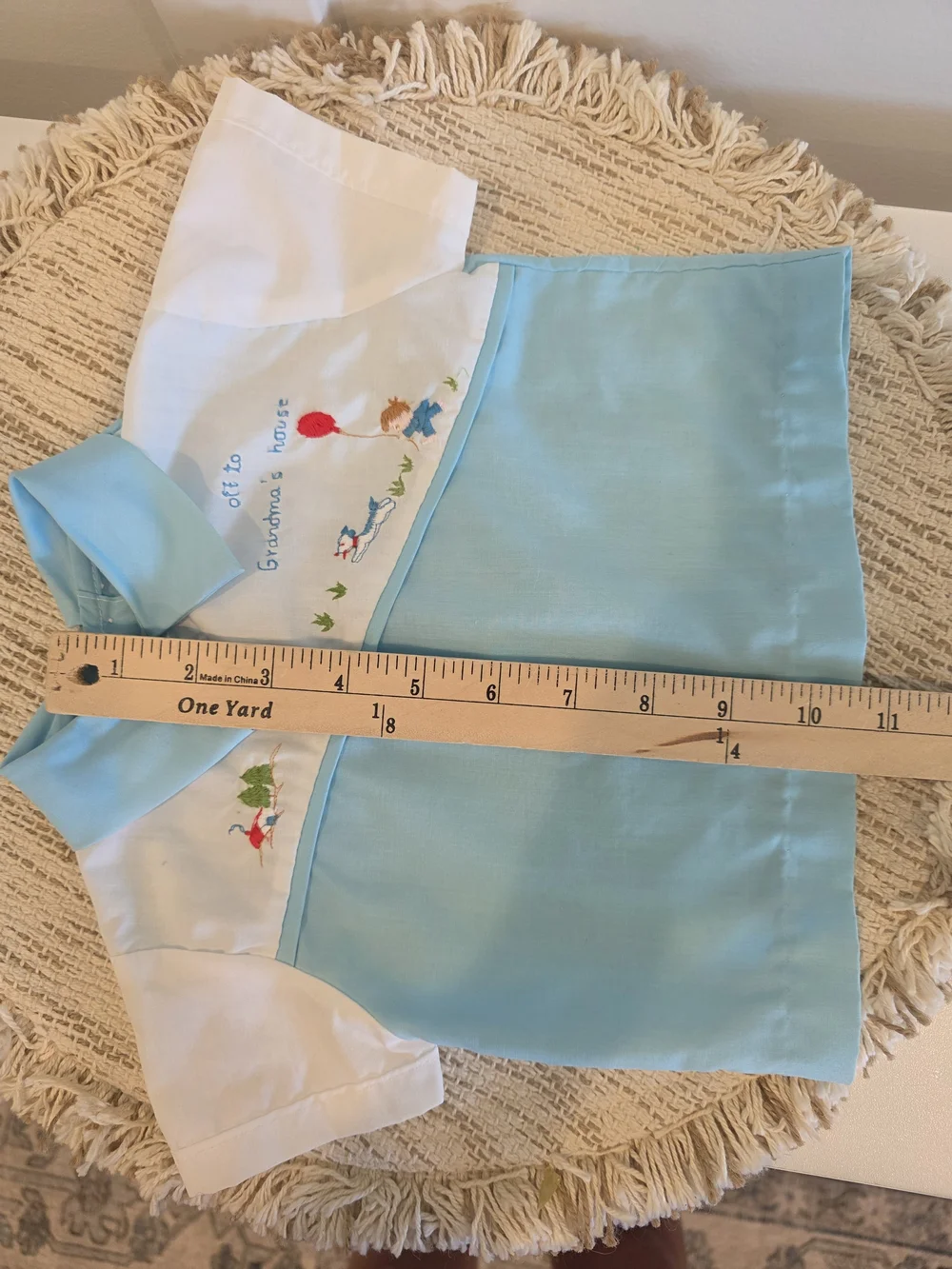 Vintage Nostalgic Infant 3-6 Month Blue and White Embroidered Baby Swing Shirt
